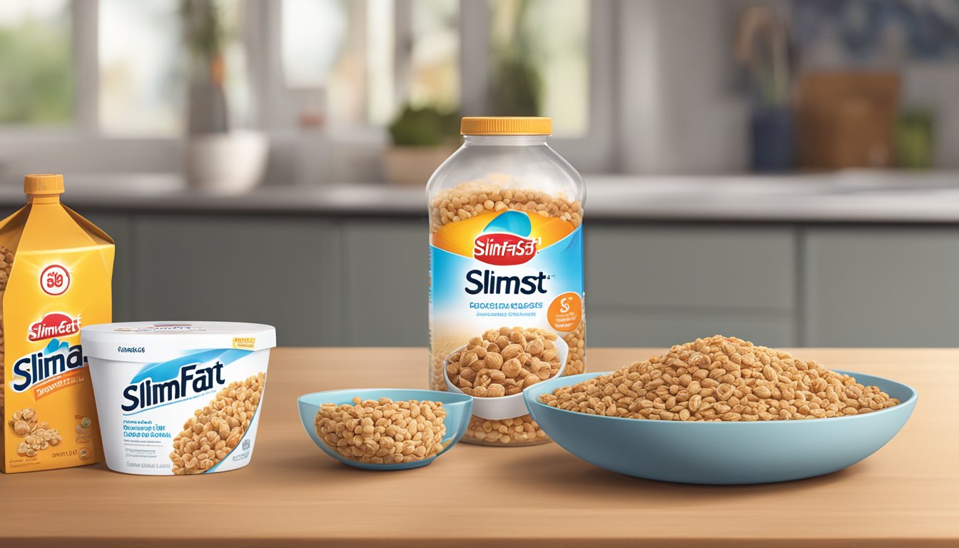 A bottle of SlimFast sits on a table next to a bowl of fiber-rich cereal. A person walks past, looking relieved