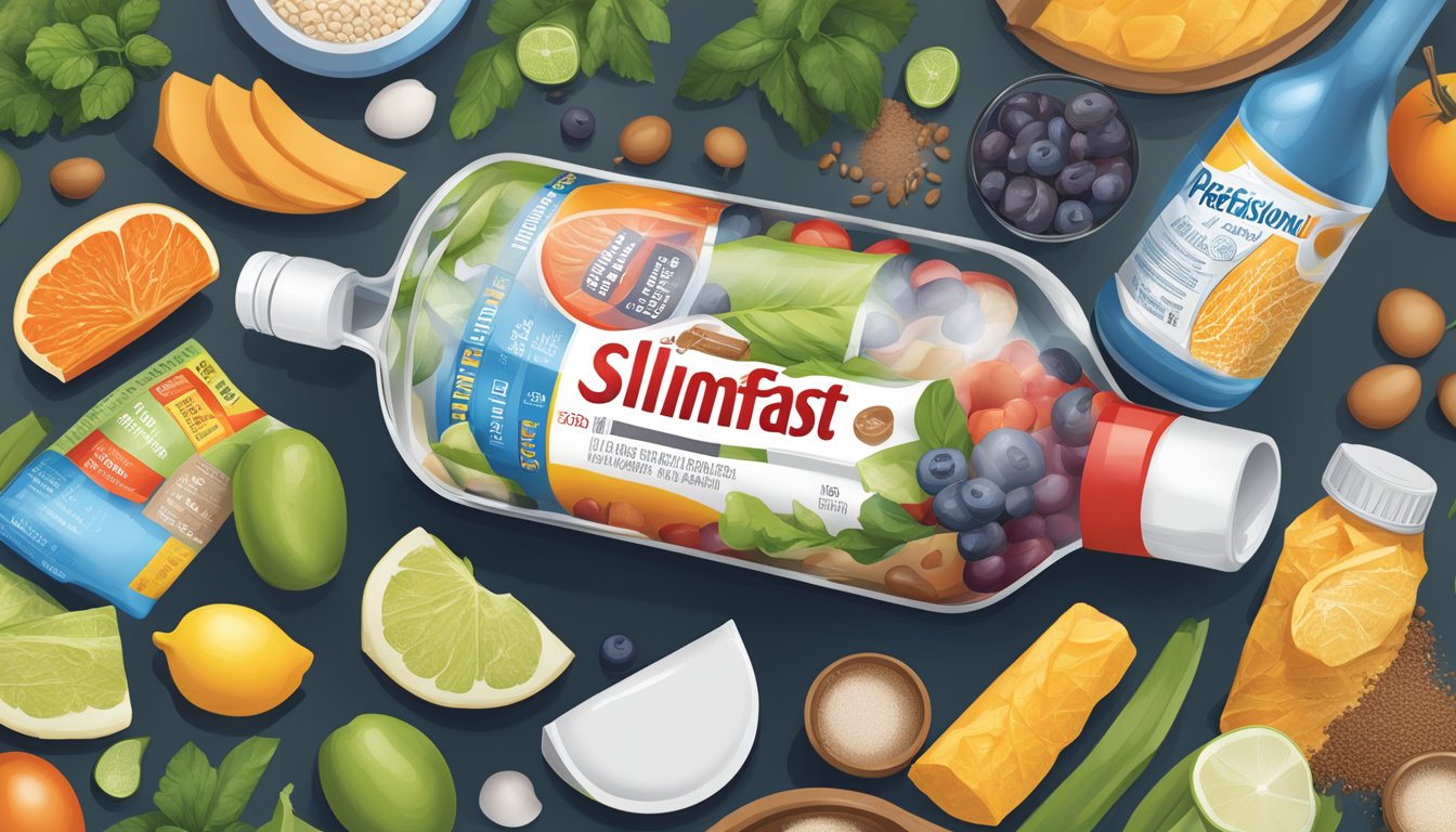 A bottle of Slimfast surrounded by various ingredients, with a magnifying glass focusing on the nutritional information label