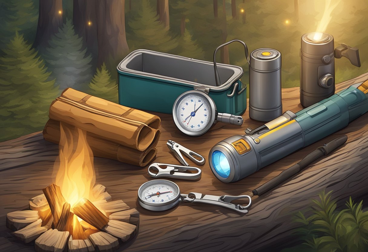 A campsite with a multitool, flashlight, and compass laid out on a log next to a crackling fire