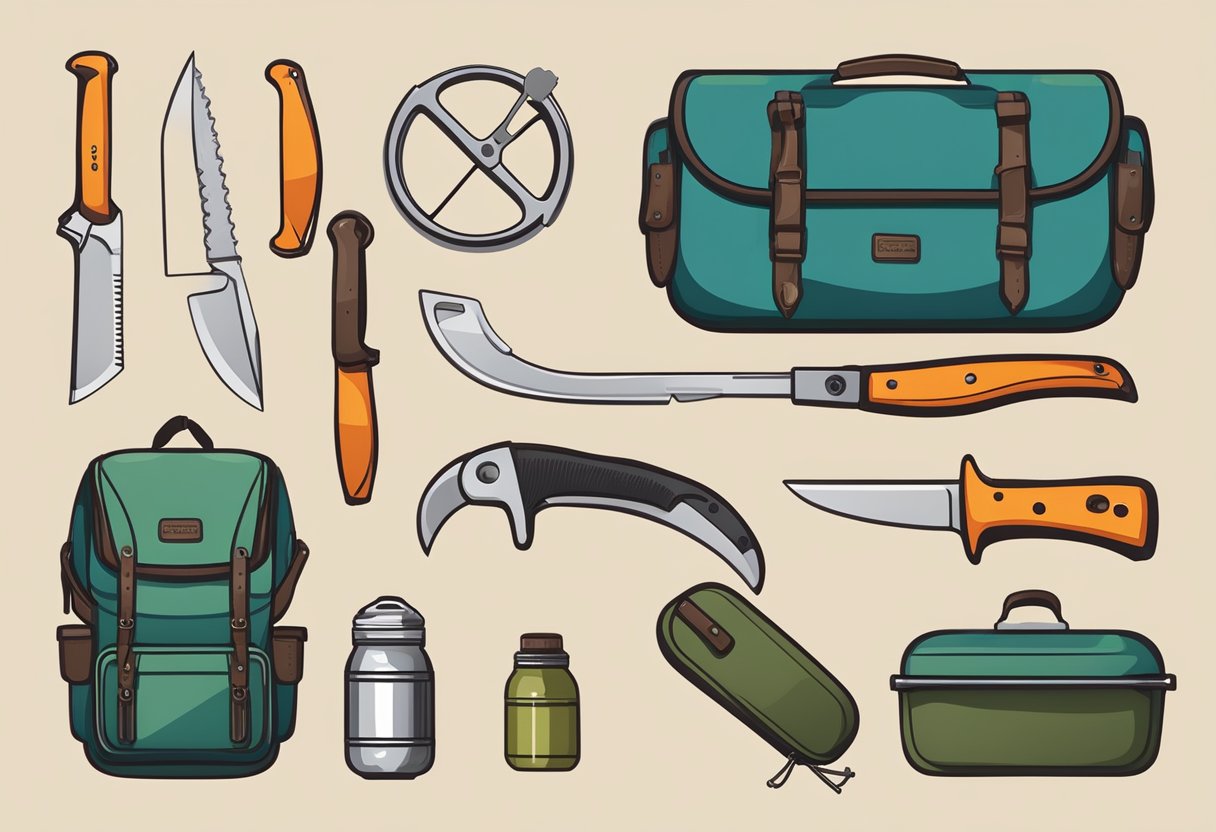 A camping tool with a knife, saw, and bottle opener, folded into a compact handle, surrounded by a tent, backpack, and campfire