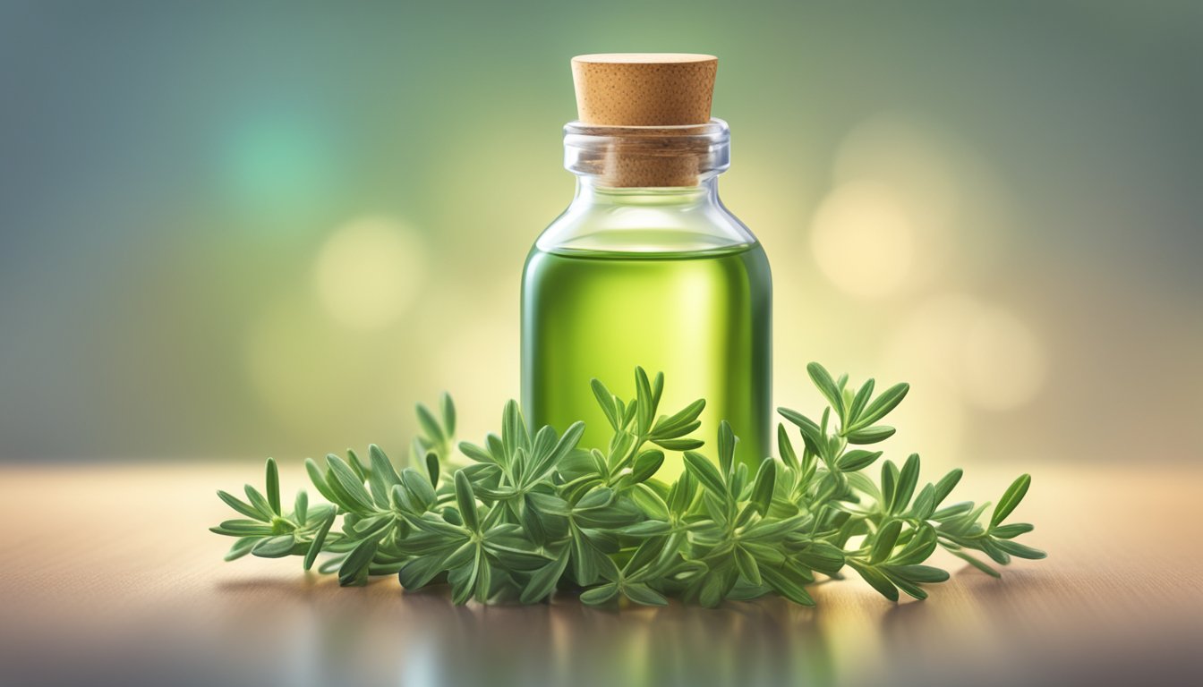 A small bottle of thyme essential oil surrounded by fresh thyme sprigs, with a soft glow emanating from the bottle