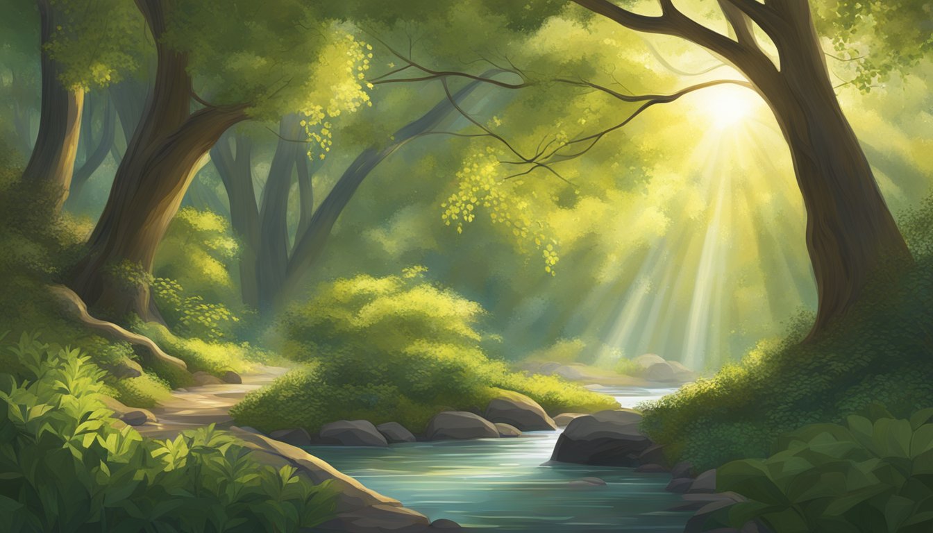 Sunlight filters through a dense forest canopy, illuminating a serene glade where a willow tree stands tall. Its slender branches sway gently in the breeze, while a small stream flows nearby