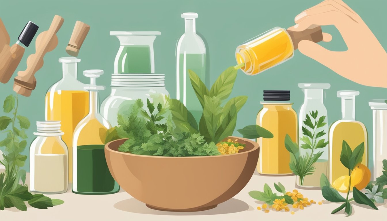 A hand mixing natural ingredients in a bowl, surrounded by jars and bottles of essential oils and herbs