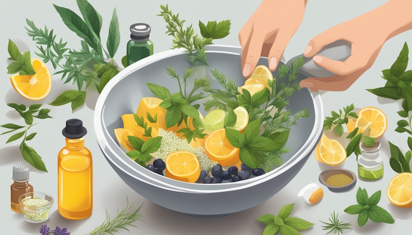 A person mixing natural ingredients in a bowl, surrounded by essential oils and herbs