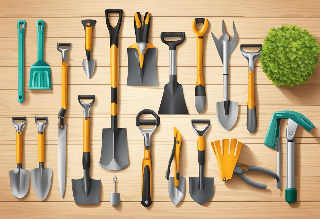 A garden tool set displayed on a wooden table with various tools such as shovels, rakes, trowels, and pruners neatly arranged