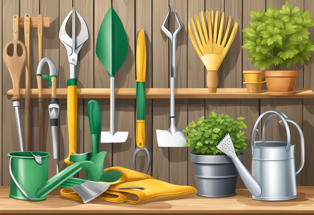 A garden tool set displayed on a wooden workbench, including a trowel, pruners, gloves, watering can, shovel, rake, and plant markers