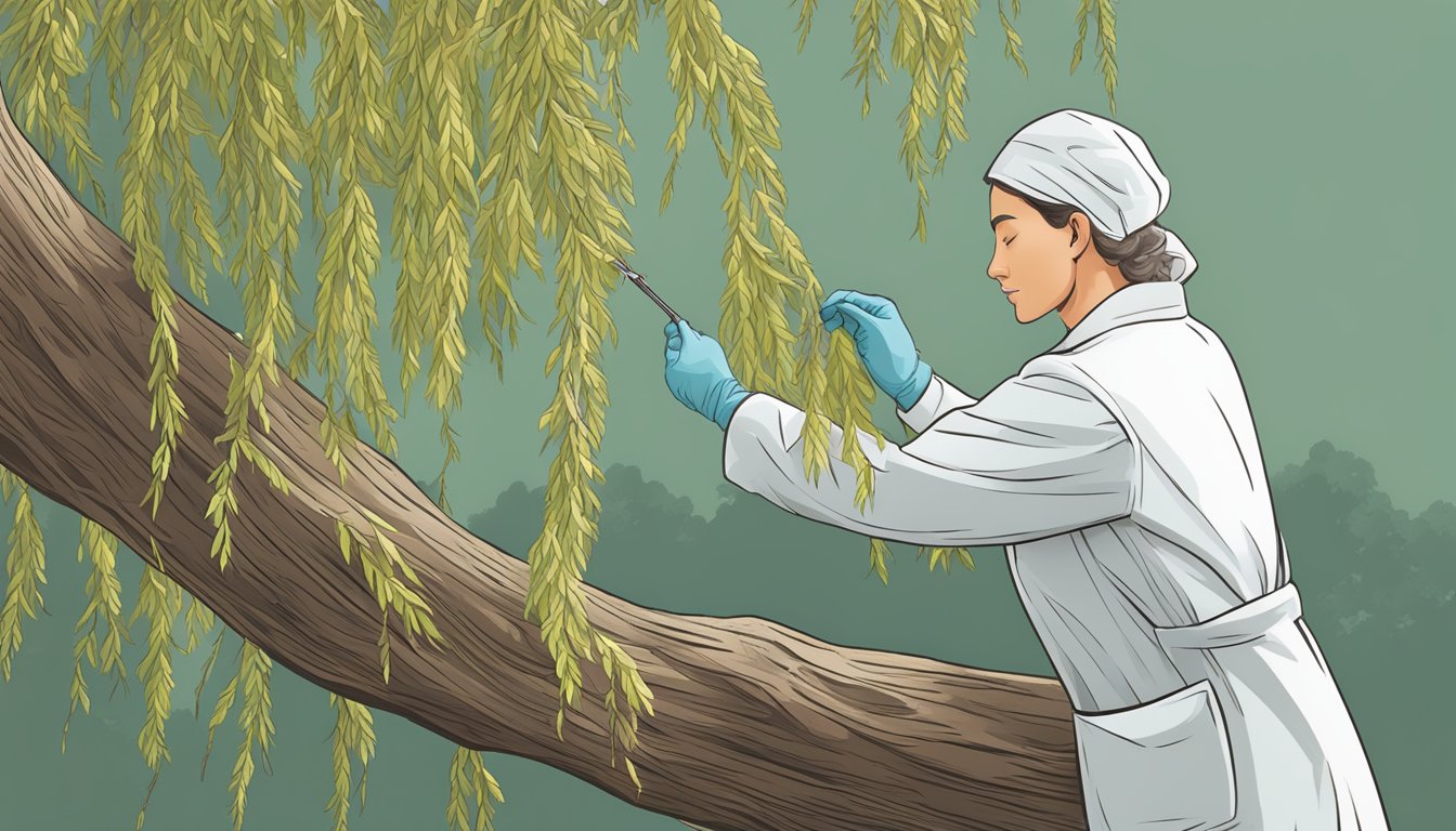 A willow tree branch with bark being harvested and processed into medicine by a person in a lab coat