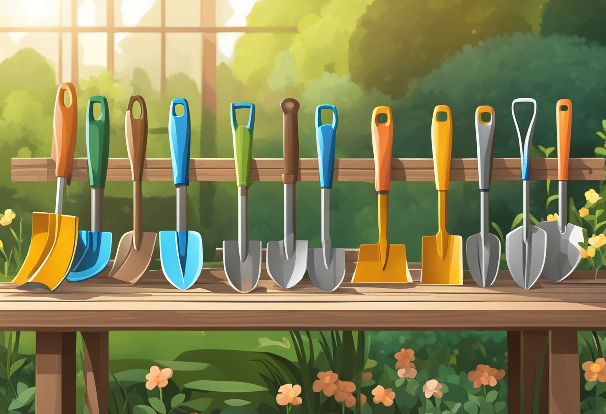 A sturdy gardening tool set including shovels, rakes, and shears laid out on a wooden workbench in a sunlit garden