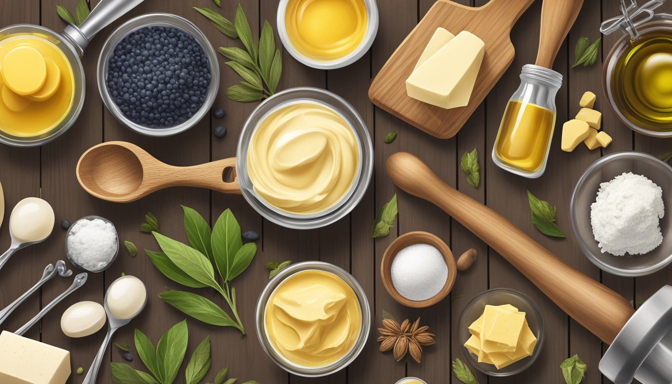 An array of natural oils and butters on a wooden table, surrounded by measuring spoons, glass jars, and a mortar and pestle