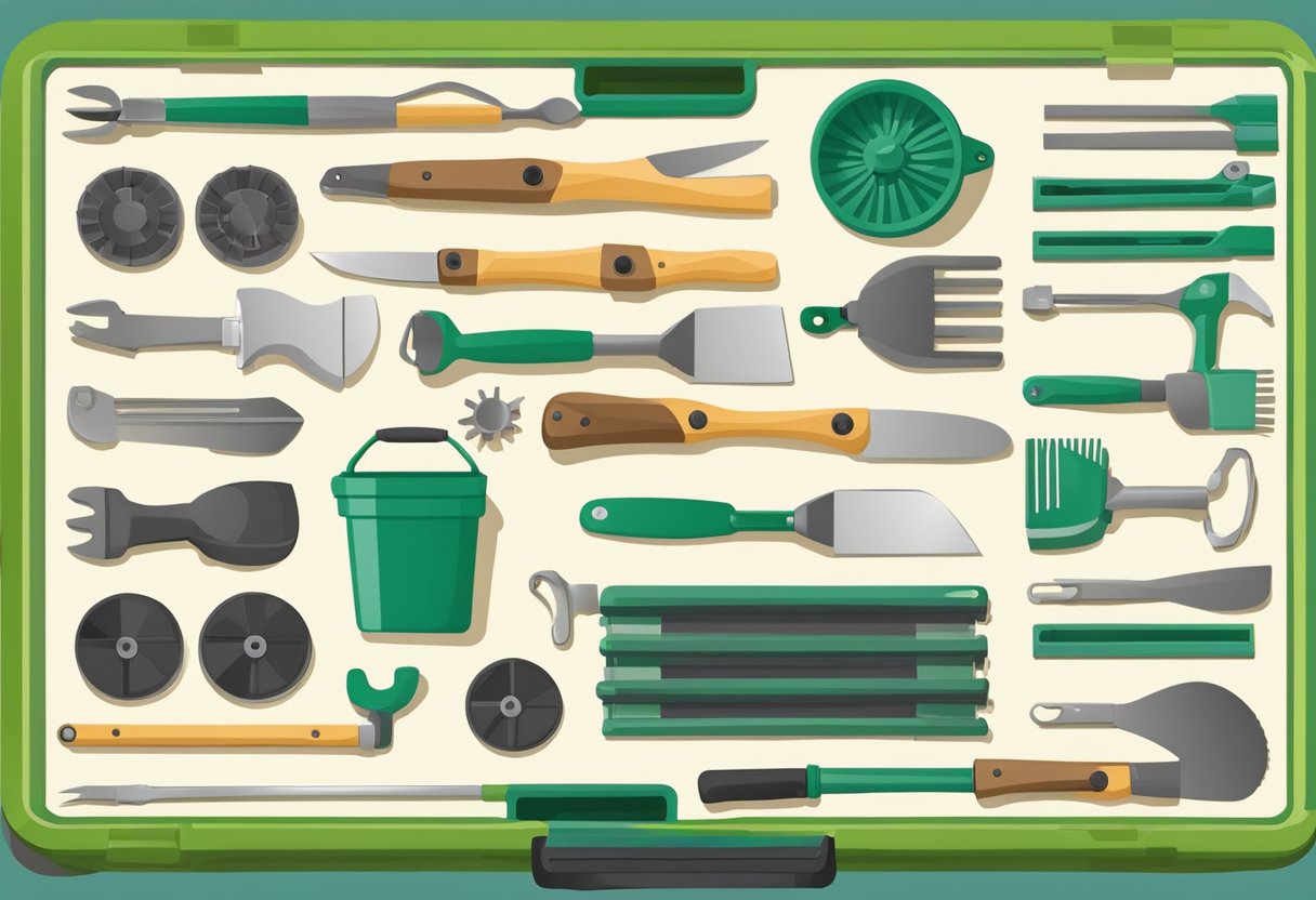 A gardening tool set displayed in a compact and organized storage case, with handles and wheels for easy portability