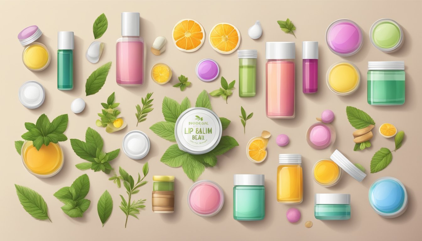 A table with various natural ingredients and small containers, surrounded by colorful labels and packaging materials for DIY lip balm