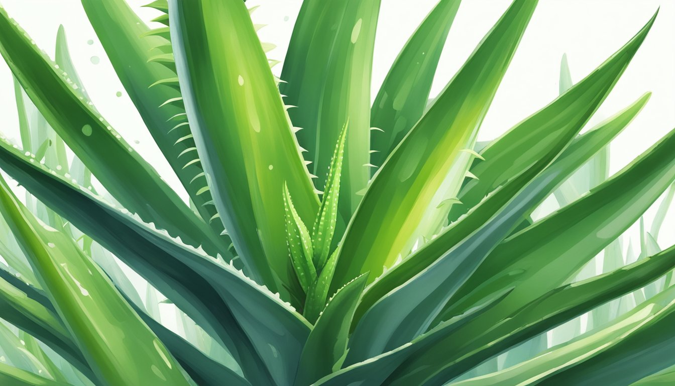 Aloe plant surrounded by vibrant green leaves, with a clear gel oozing from a freshly cut leaf. A gentle breeze blows, highlighting the plant's potential health benefits