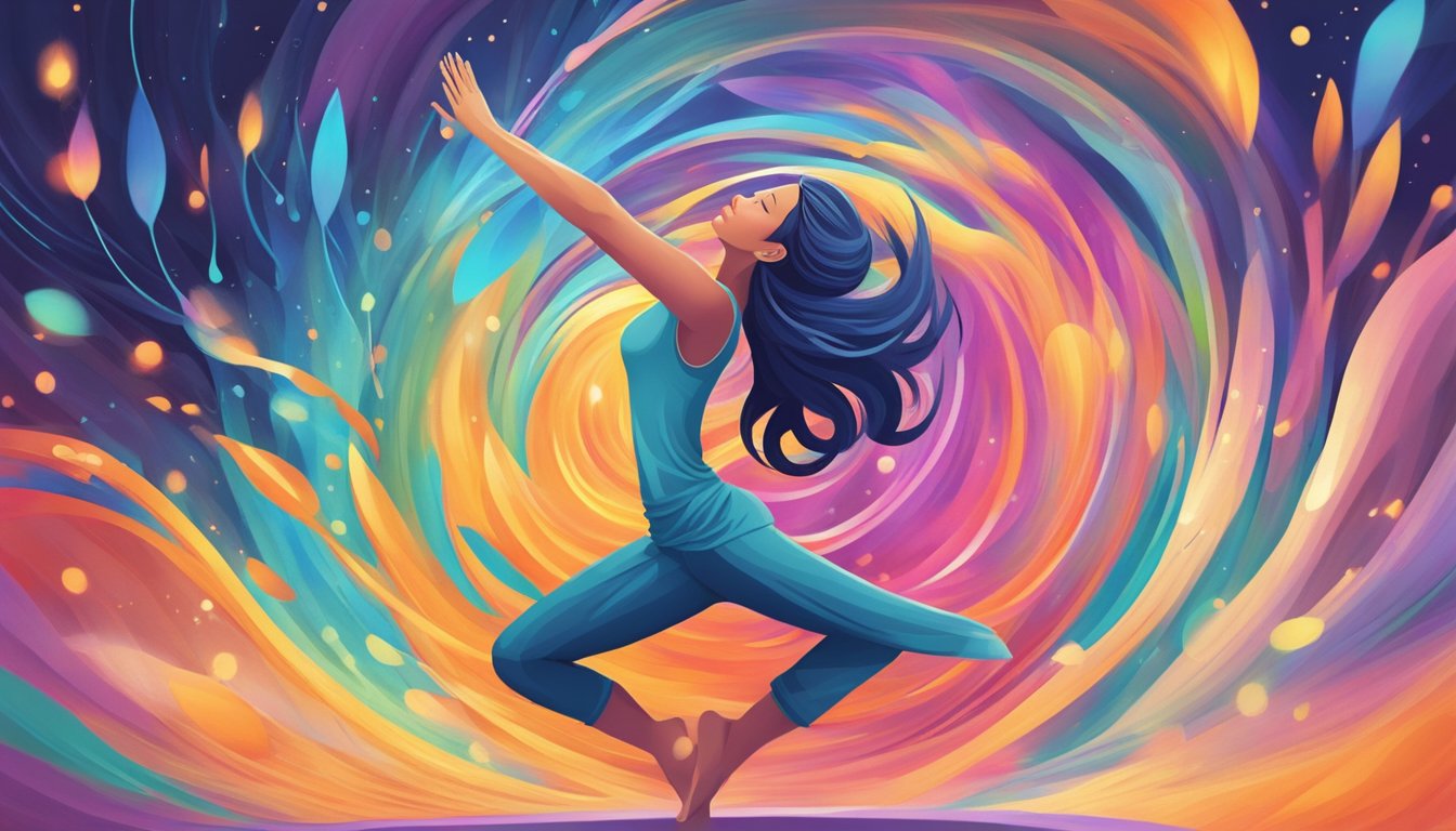 A serene figure in a yoga pose, surrounded by swirling, colorful energy, symbolizing the release of toxins through yoga practice