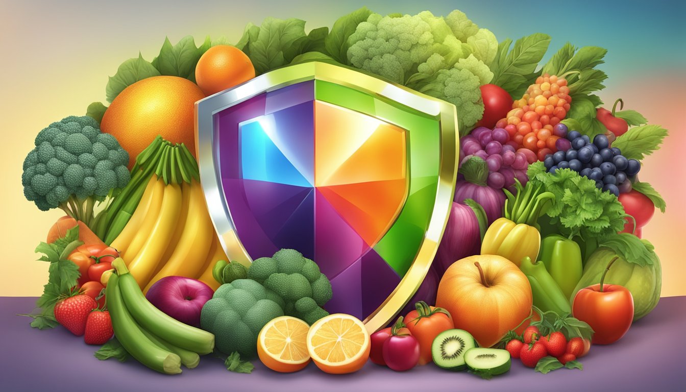 A vibrant array of colorful fruits and vegetables surrounding a glowing shield, symbolizing the role of nutrition in bolstering immune function