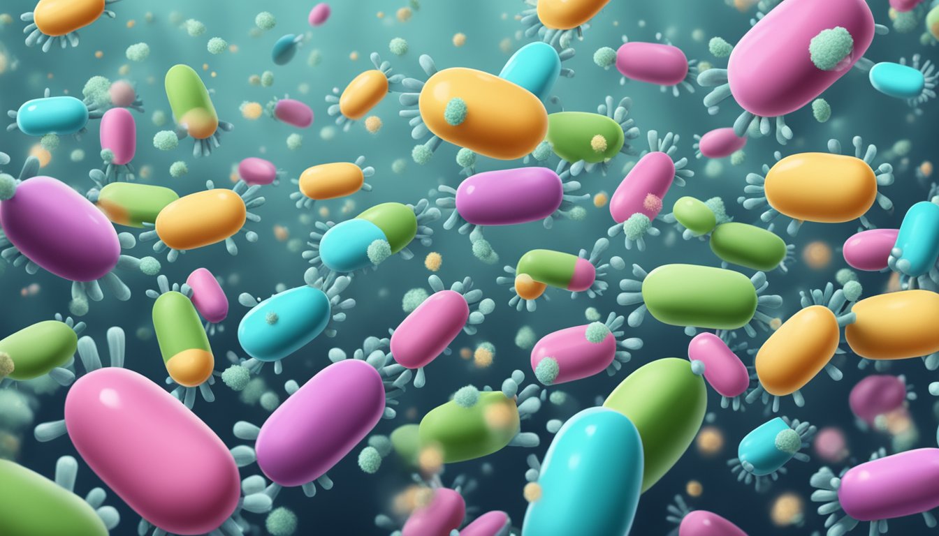 A swarm of microscopic antimicrobial medications attacking and destroying harmful bacteria