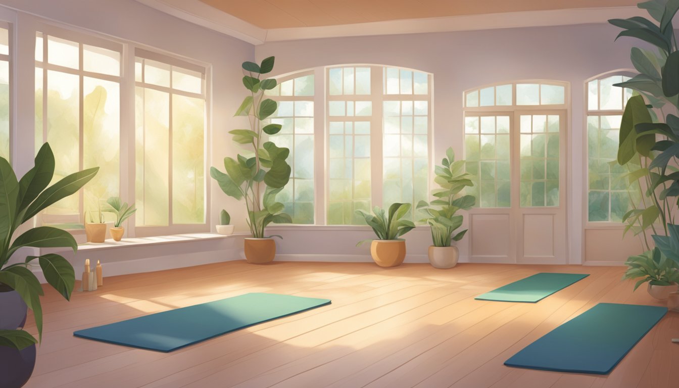 A serene yoga studio with soft lighting, plants, and a calming atmosphere