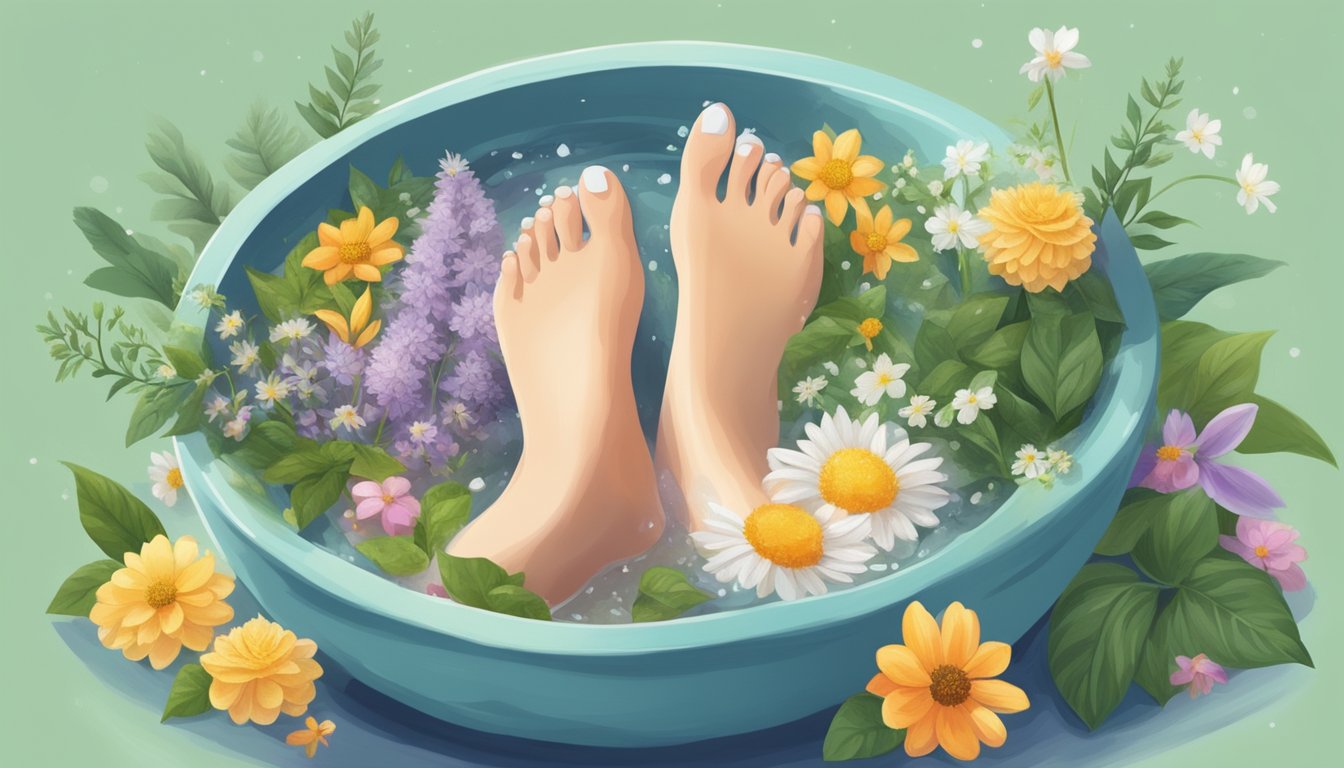 A pair of feet soaking in a basin of natural ingredients like sugar, honey, and essential oils, surrounded by fresh herbs and flowers