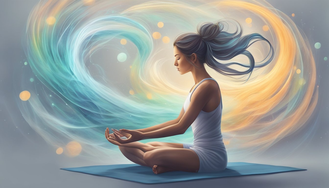 A serene figure in a yoga pose, surrounded by swirling, ethereal wisps representing the release of toxins from the body