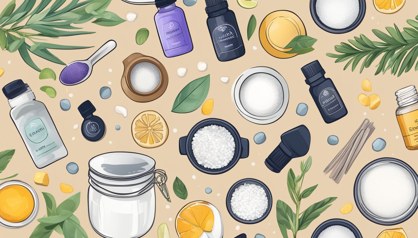 A variety of ingredients such as sugar, salt, essential oils, and natural exfoliants are laid out on a clean, organized workspace ready to be mixed and customized for different skin types