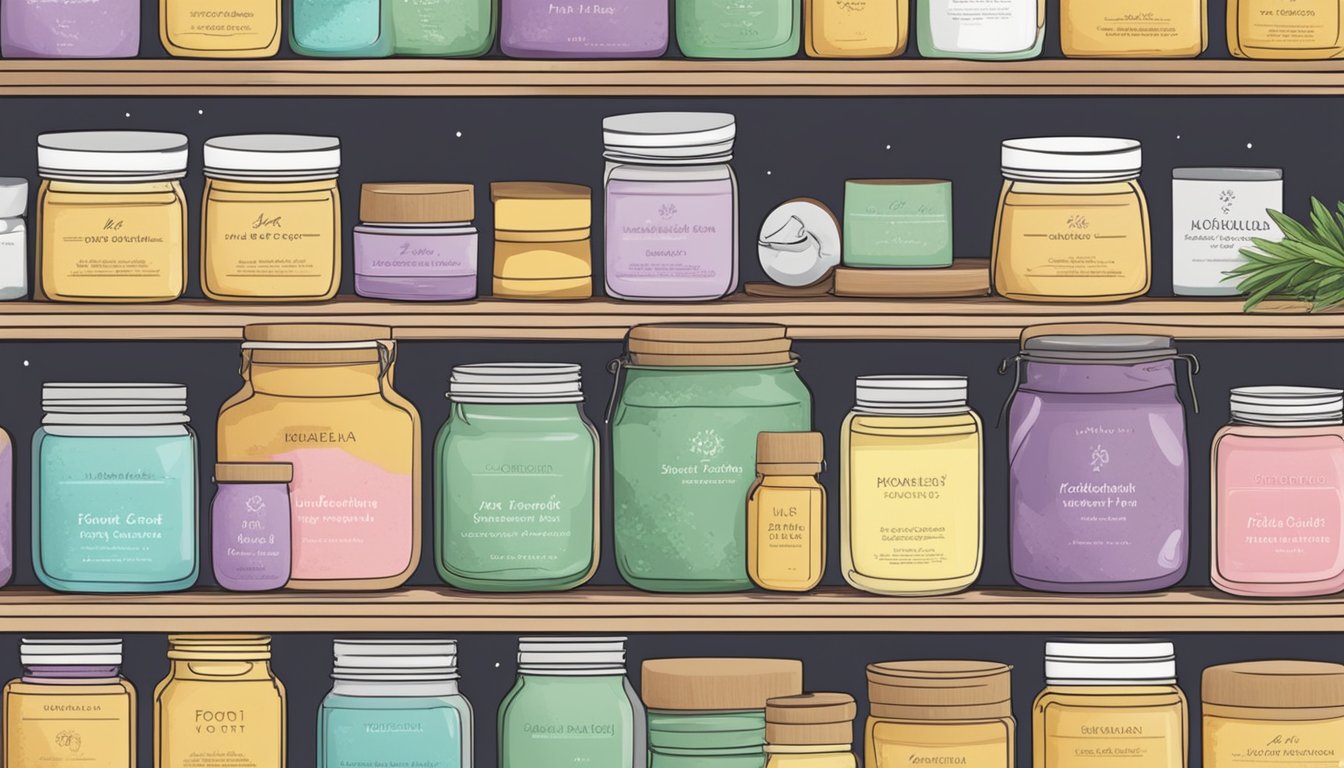 A shelf filled with neatly labeled jars of homemade foot scrubs, surrounded by various ingredients and essential oils