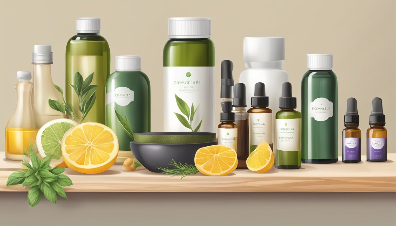 A collection of natural ingredients and essential oils arranged on a clean, organized countertop