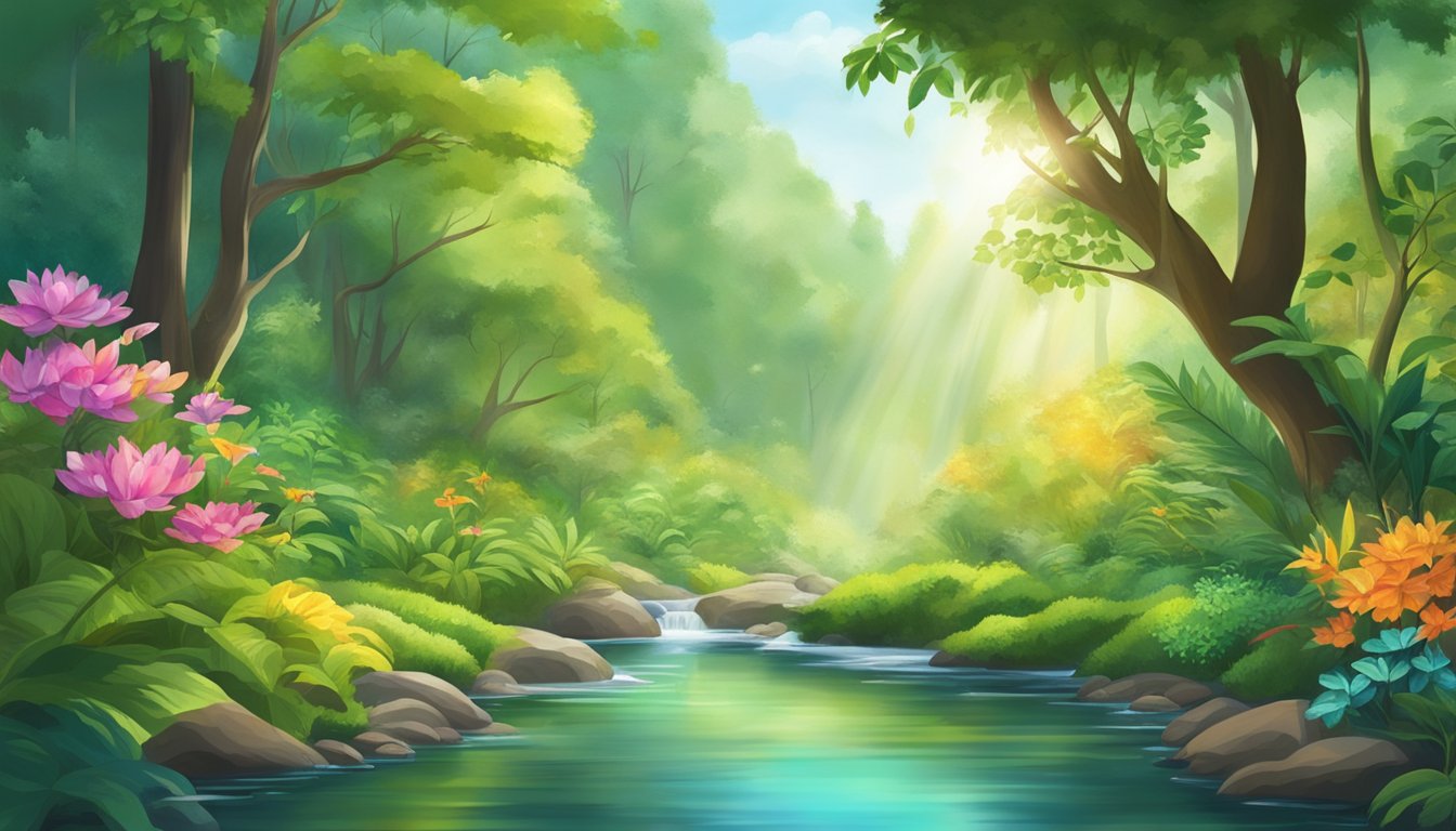 A lush green forest with a clear stream, sunlight filtering through the trees, and a variety of colorful, healing plants growing abundantly