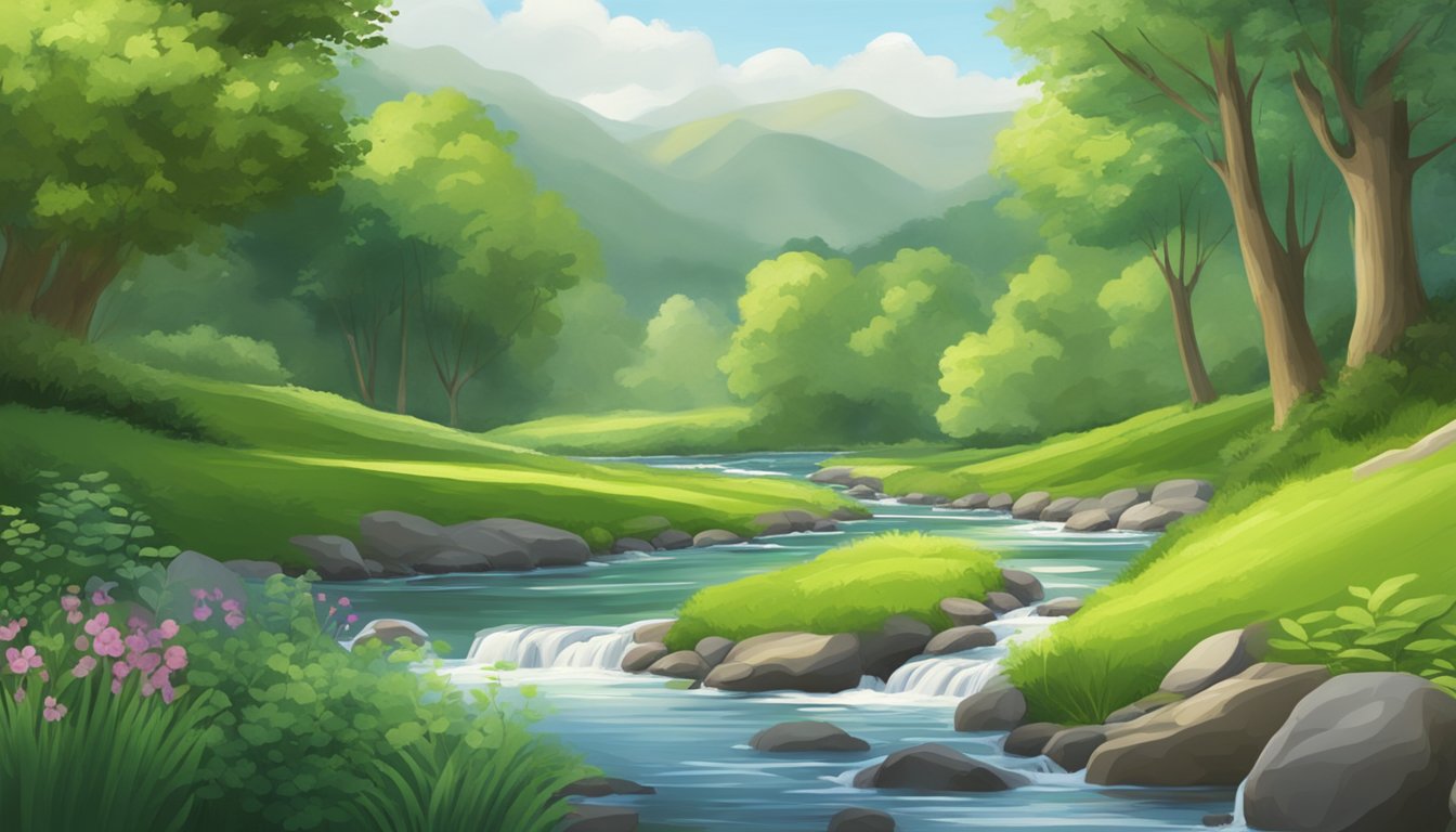 A serene, nature-filled landscape with a flowing stream, lush greenery, and a peaceful atmosphere