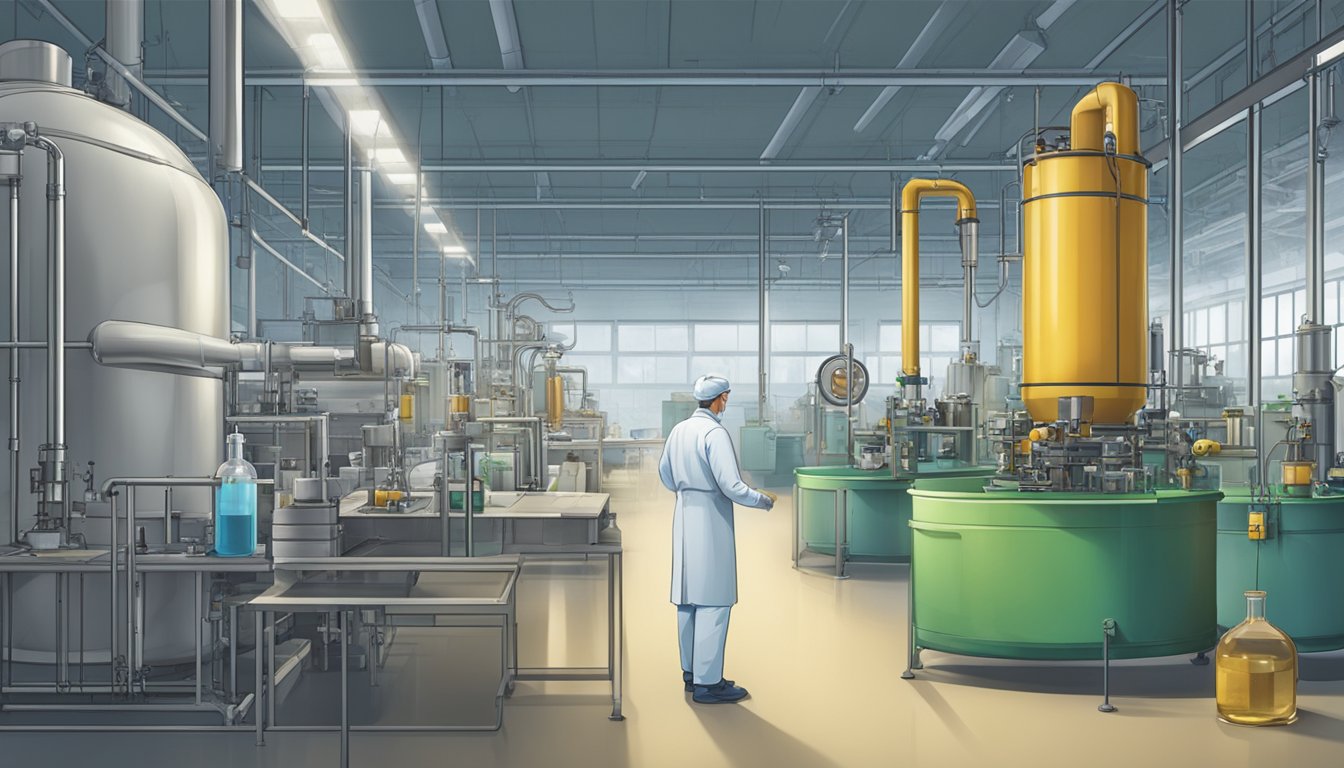 A factory with machinery producing various products, while a scientist tests formaldehyde releasing preservatives in a lab setting