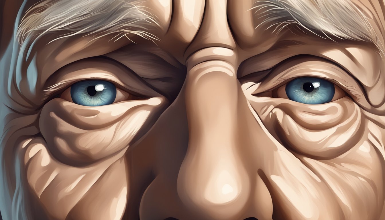 A close-up of a tired-looking face with deep shadows under the eyes, surrounded by aging skin and wrinkles