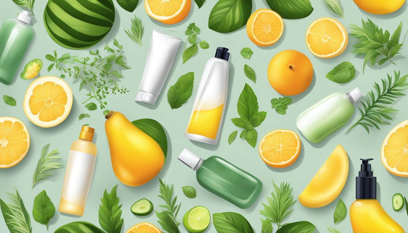 A clear bottle of shampoo and conditioner surrounded by fresh herbs and fruits