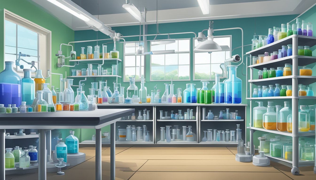 A laboratory setting with various chemical containers and equipment, including beakers, test tubes, and a microscope. A poster on the wall displays information about silicones and siloxanes