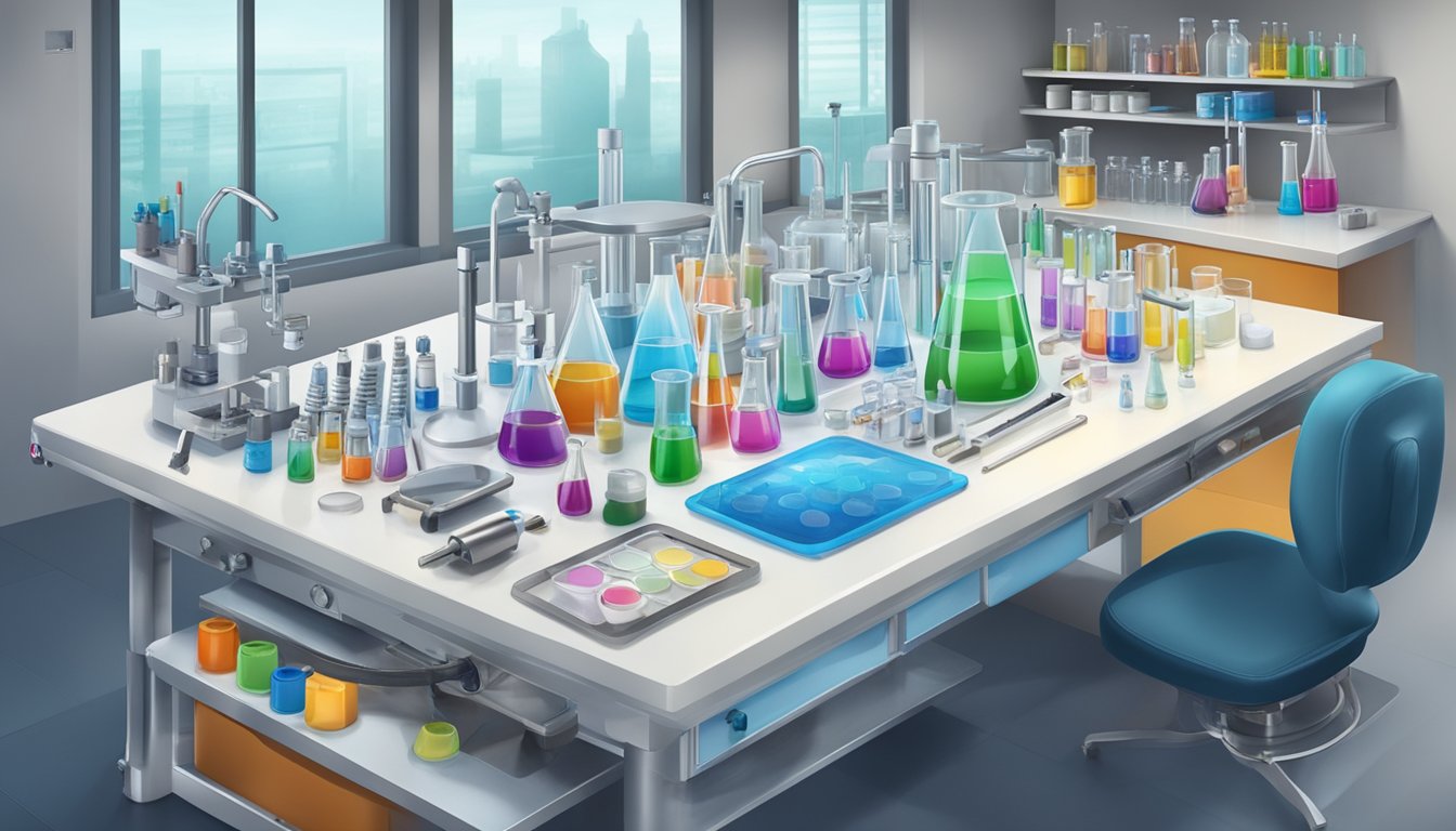 A laboratory table with various silicone and siloxane compounds, alongside scientific equipment and documentation