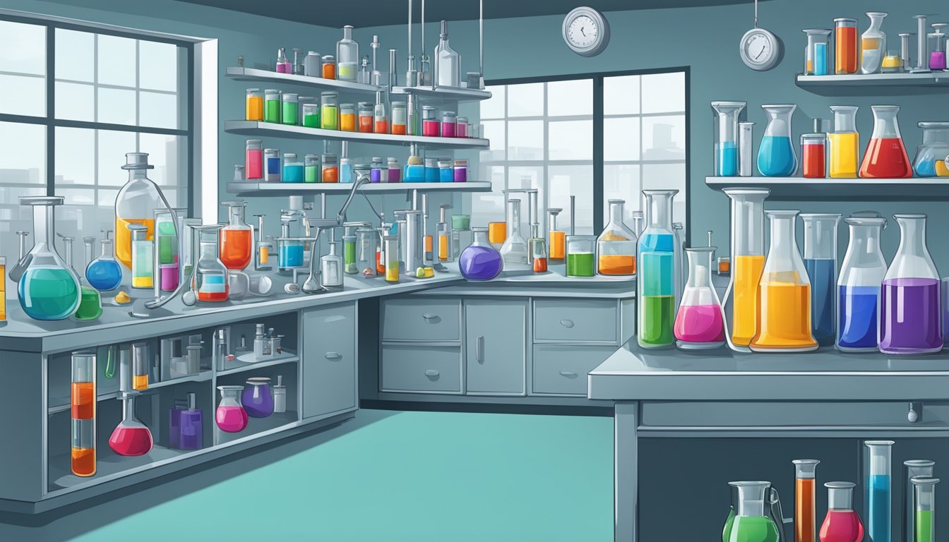 A laboratory setting with various chemical compounds and equipment, including beakers, test tubes, and scientific instruments, all related to the study of silicones and siloxanes