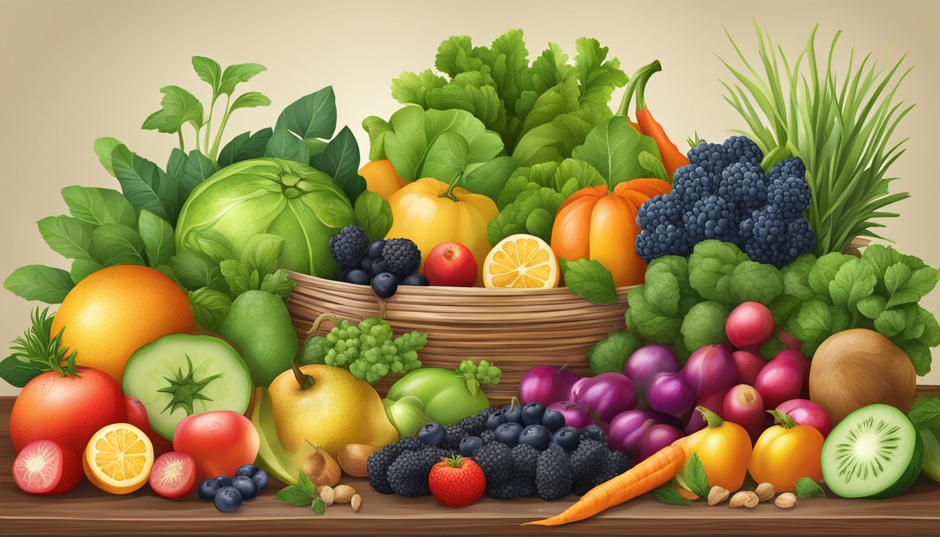 A variety of colorful fruits and vegetables arranged in a bountiful display, surrounded by fresh herbs and spices