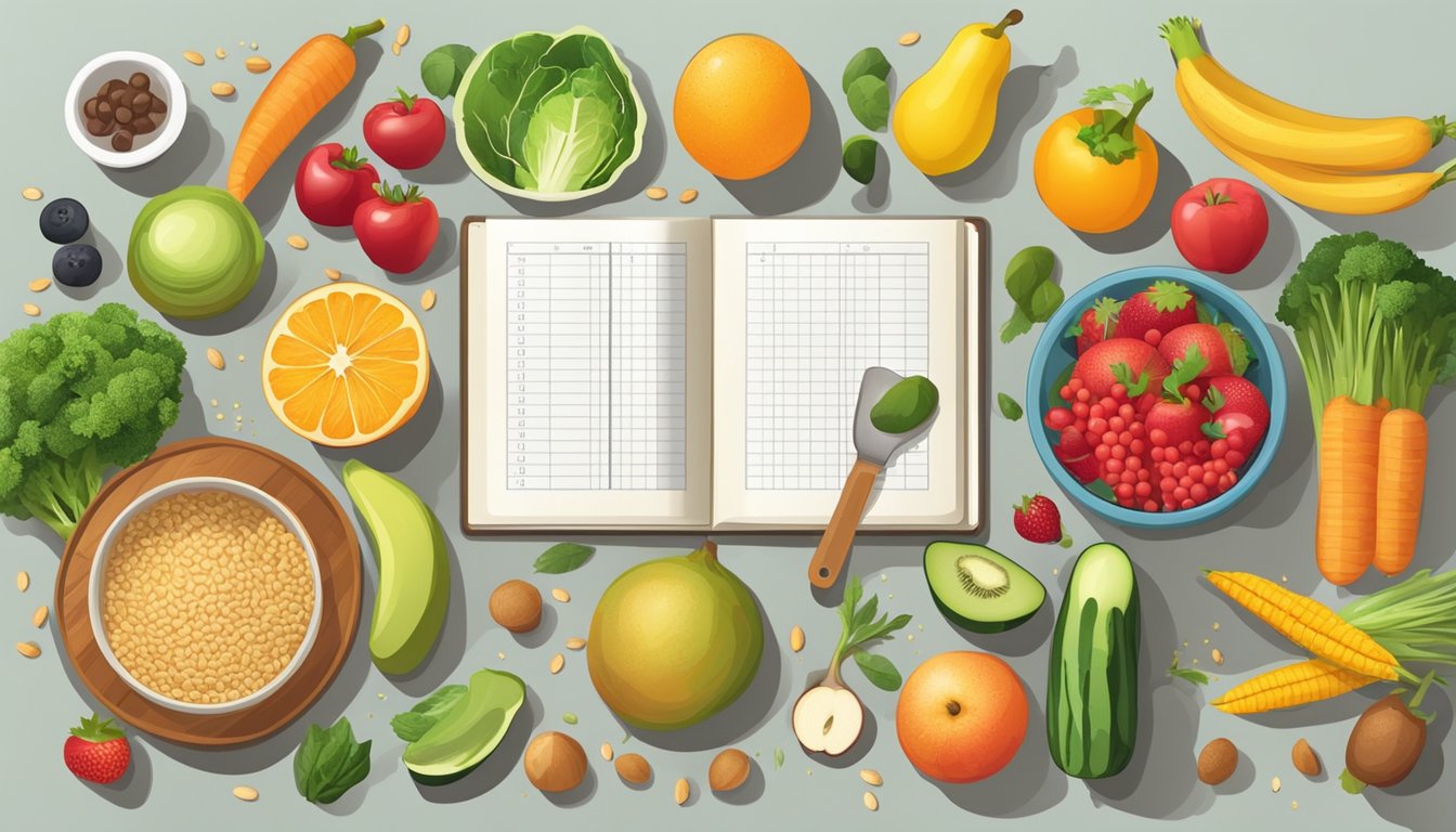 A table filled with fresh fruits, vegetables, and whole grains, surrounded by a variety of measuring tools and a notebook with charts and graphs