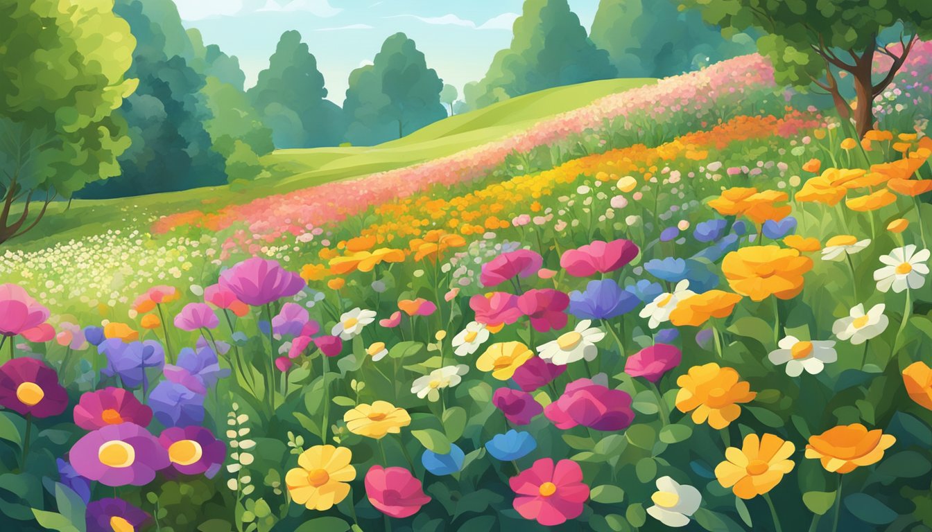 A field of colorful flowers with various shapes and sizes, surrounded by lush greenery and sunlight filtering through the leaves