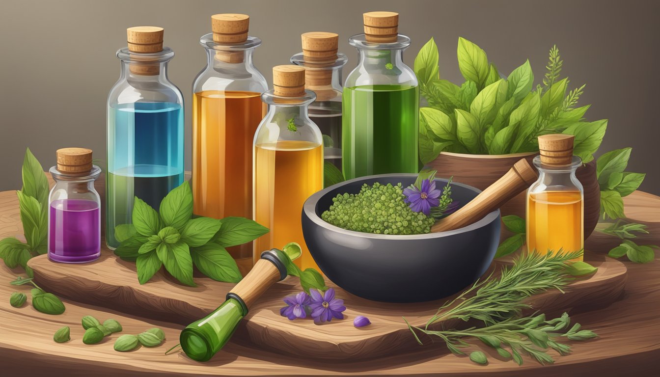 A wooden table with assorted glass bottles filled with colorful herbal tinctures, surrounded by fresh herbs and mortar and pestle