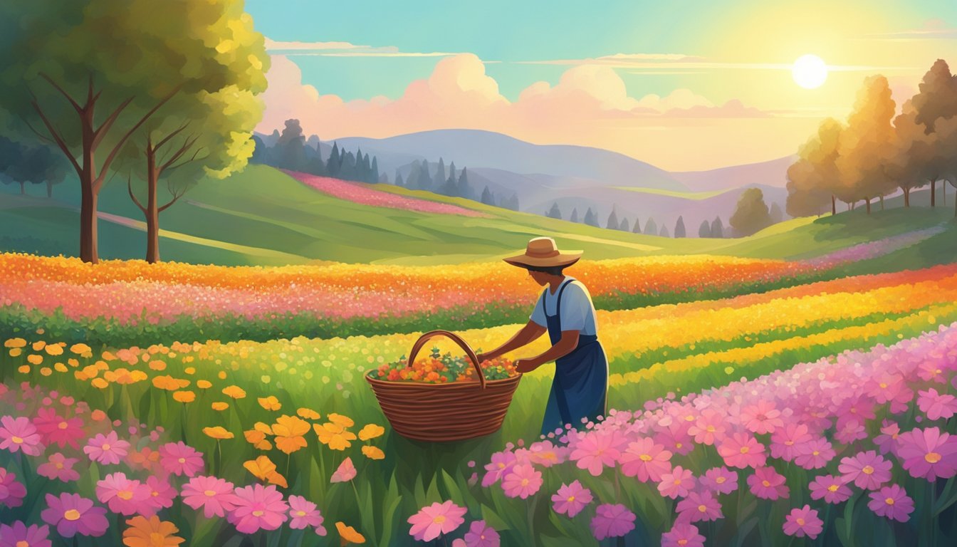 A field of colorful flowers being carefully harvested by a figure with a basket, surrounded by lush greenery and the warm glow of the sun