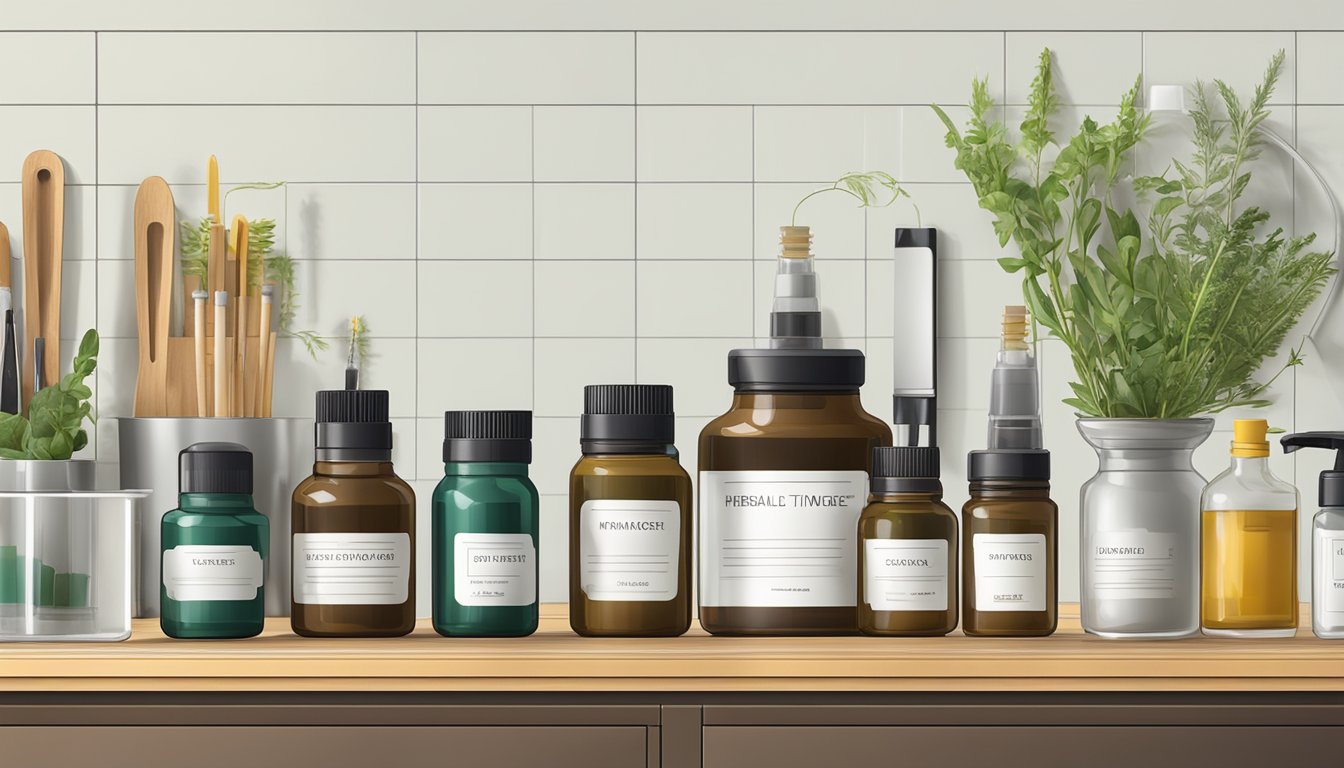 A collection of herbal tincture bottles arranged on a clean, organized countertop with a label maker and measuring tools nearby