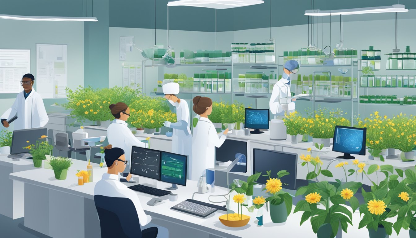 A laboratory setting with scientists examining and testing various medicinal flowers, while a regulatory framework document is displayed on a nearby computer screen