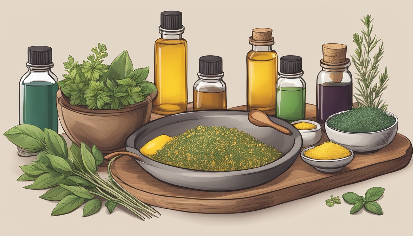 A table with various essential oils, herbs, and carrier oils, along with measuring spoons, a mixing bowl, and small containers for homemade chest rubs