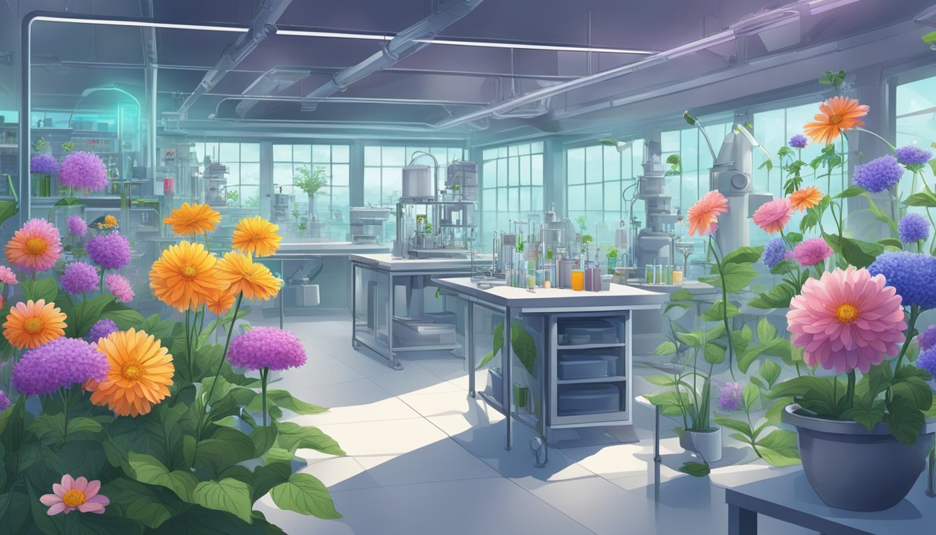 A futuristic laboratory with blooming, vibrant flowers being studied and researched for their medicinal properties