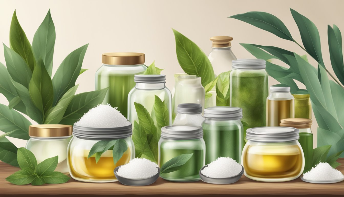 A small table with various natural ingredients like eucalyptus, peppermint, and coconut oil, surrounded by jars and bottles