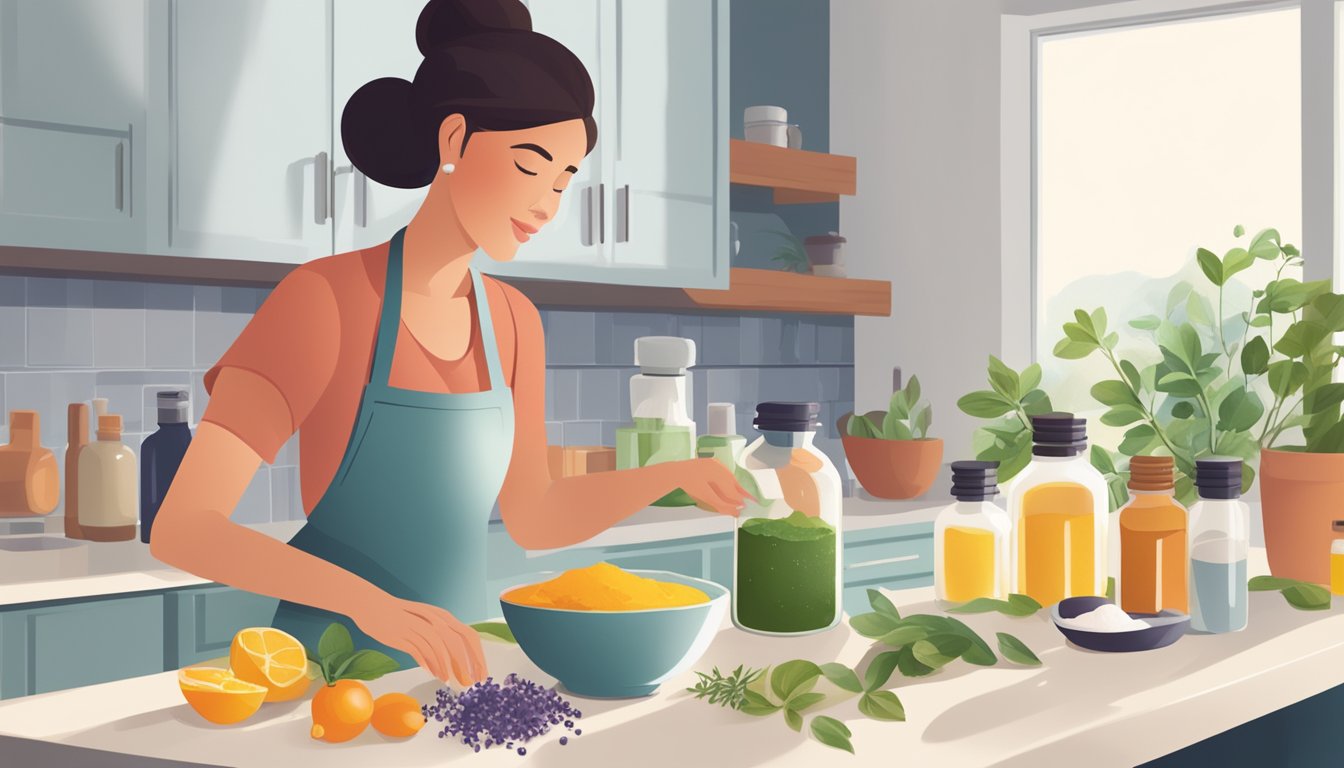 A woman mixes ingredients in a bowl, next to various containers and essential oils on a countertop