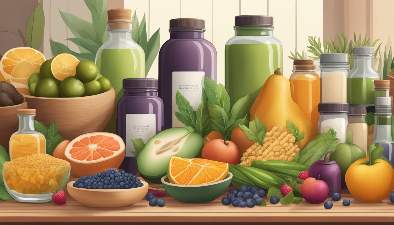 A table filled with colorful fruits, vegetables, and whole grains, surrounded by bottles of herbal supplements and jars of natural skincare products