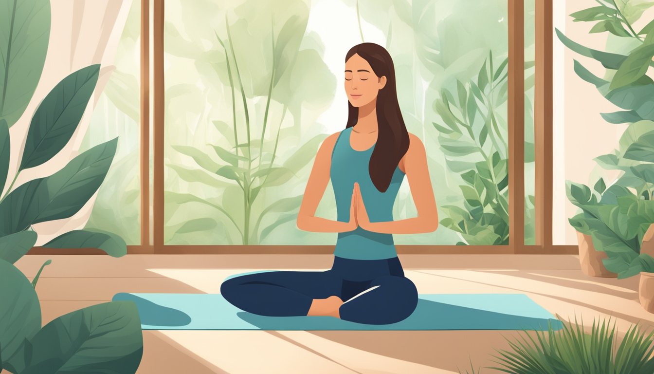 A serene setting with a woman practicing yoga, surrounded by calming greenery and natural light, emphasizing a holistic approach to healing rosacea