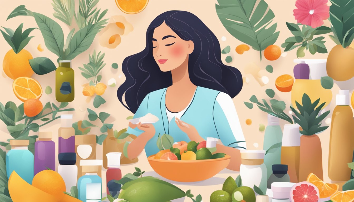 A woman mixing ingredients in a bowl, surrounded by various skincare products and natural elements like fruits and flowers