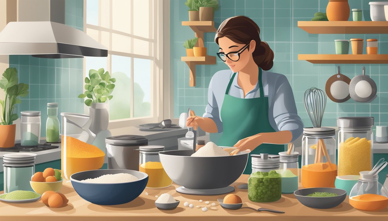 A woman mixing ingredients in a bowl, surrounded by various containers and utensils on a kitchen counter