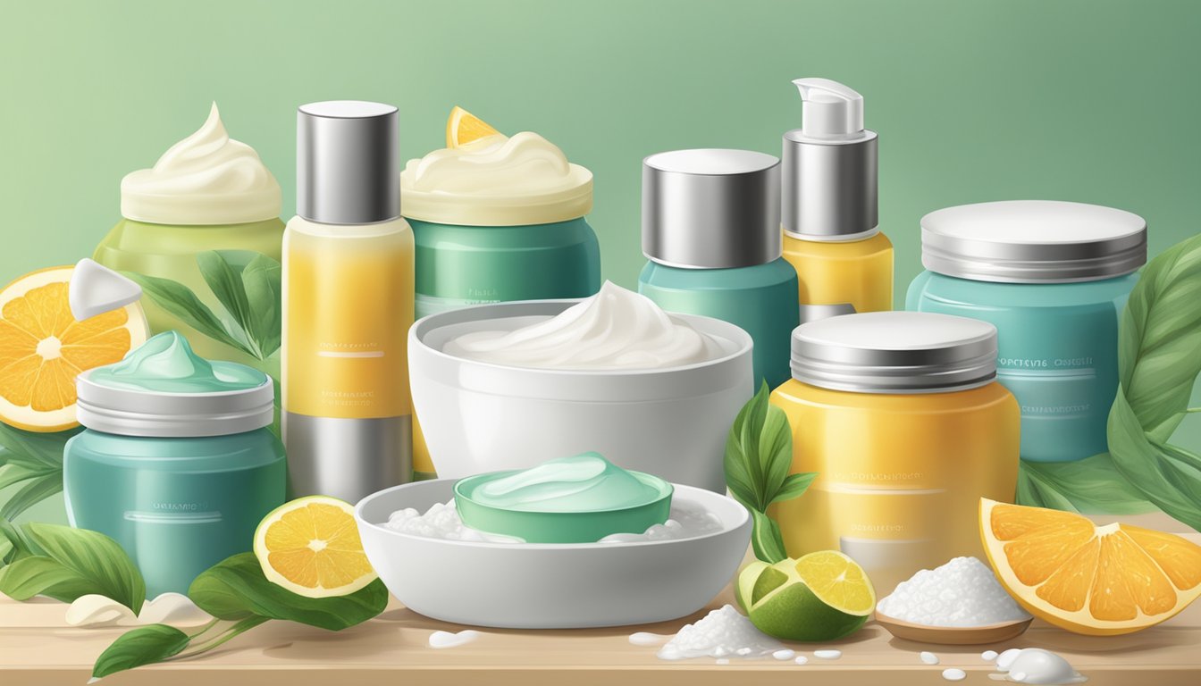 A table with various natural ingredients and mixing bowls, surrounded by jars of moisturizer and sunscreen