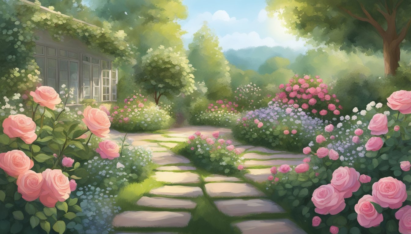 A serene, sunlit garden with blooming roses and soothing herbal plants